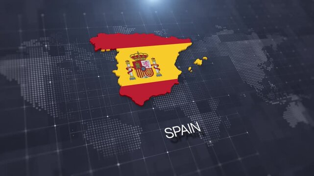 Spain map with national flag on digital world map background, geographic border, global political and international news concept