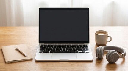 Fototapeta premium Laptop with blank screen, headphones and coffee on wooden desk