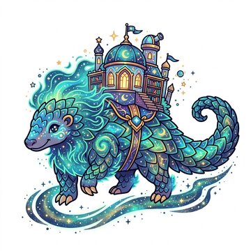 Mythical Cosmic Pangolin Armadillo Carrying Observatory Castle Building Vector Illustration