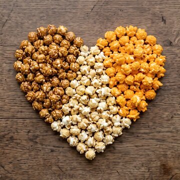 a variety of popcorn flavors, including caramel, cheddar, and kettle corn, arranged in a heart shape on a wooden table.	