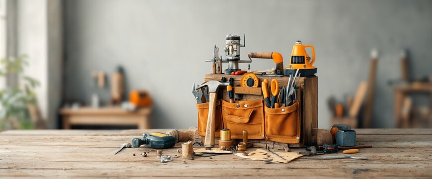 Workshop tools. Wooden toolbox on a table, filled with equipment, in a carpentry setting