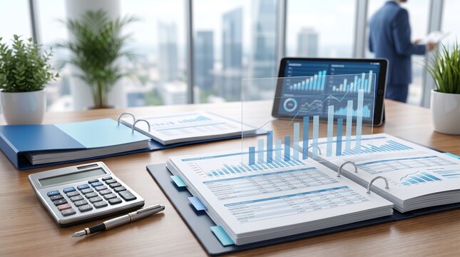 Financial documents, calculator, and tablet with data analytics on an office desk overlooking a city skyline.