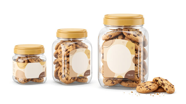 Three transparent jars of different sizes filled with chocolate chip cookies on a white background for product packaging mockups, bakery advertisements, and retail design templates.