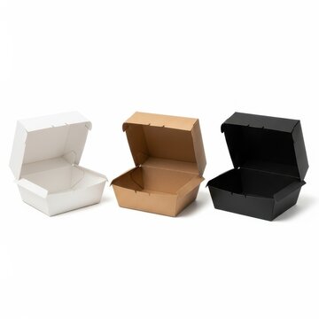 Three takeout boxes isolated on white background