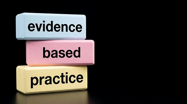Evidence based practice text on colorful wooden blocks stacked vertically on black background for clinical decision making professional research and medical guidance.