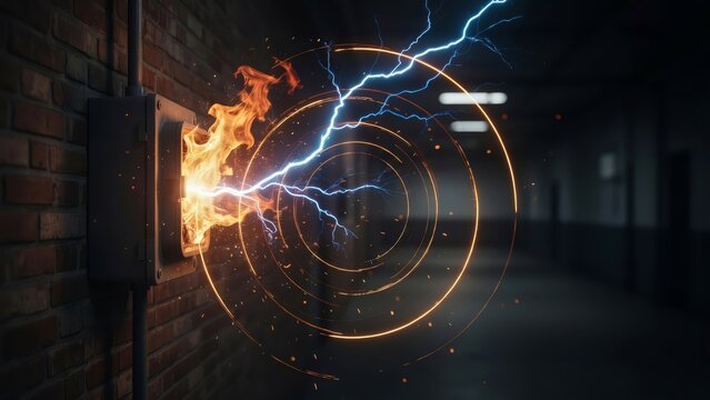 Electrical short circuit causing fire and sparks from a wall mounted junction box