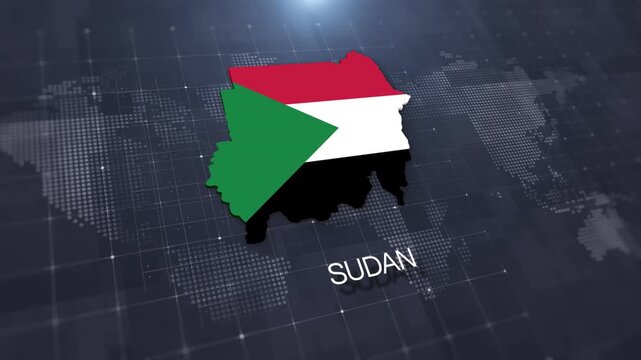 Sudan map with national flag on digital world map background, geographic border, global political and international news concept