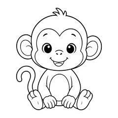 Adorable cartoon monkey sitting with curled tail, cute animal coloring book illustration for kids