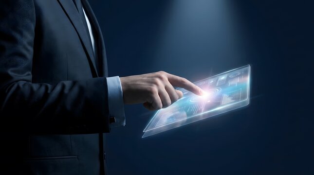 A skilled business professional is actively engaged with a cutting edge futuristic holographic display presenting worldwide data connections and complex network visualization concepts