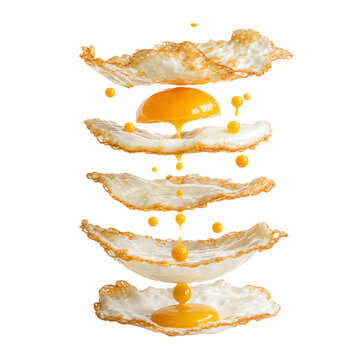 Exploded view of fried egg layers with dripping yolk isolated background.