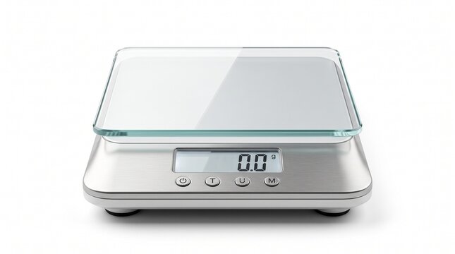 Modern digital kitchen scale with a sleek stainless steel base and a clear glass weighing platform displaying zero grams