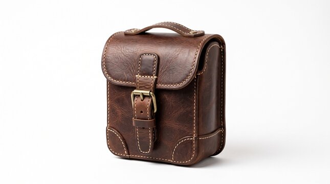 Vintage Brown Leather Camera Bag with Brass Buckle and Handle on White Background