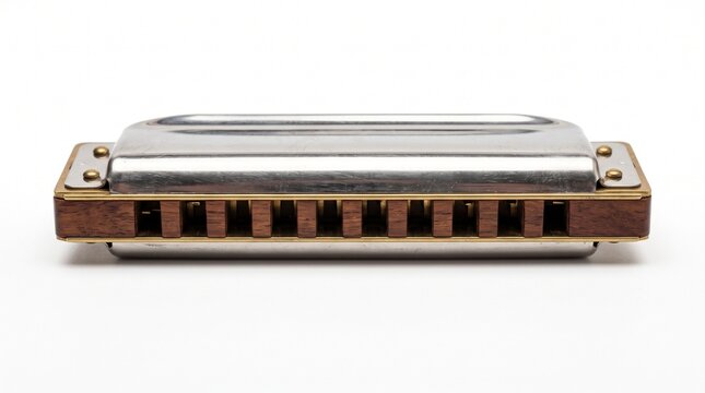 Close up of a vintage wooden and metal harmonica isolated on a white background