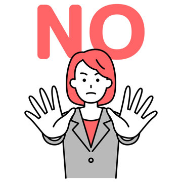 両手を前に出して制するスーツの女性（NO）