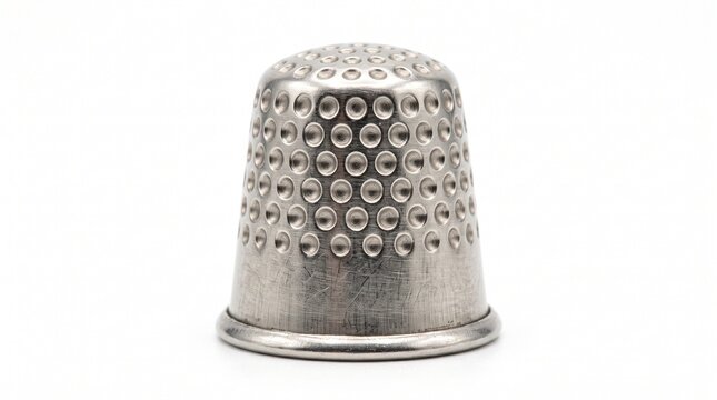 Close up of a vintage metal thimble with dimpled surface and scratches on a white background