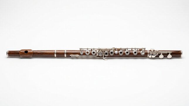 Elegant Wooden Concert Flute with Silver Keys on a Clean White Background