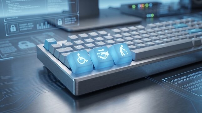 Close-up of a modern computer keyboard featuring three glowing blue accessibility keys on a desk with holographic digital interface elements.