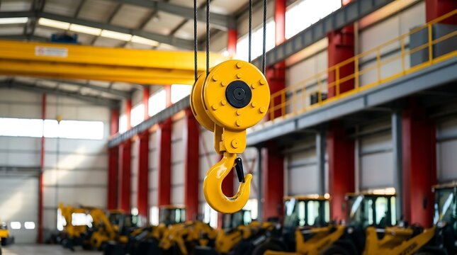 Yellow industrial crane hook hangs from steel cables inside modern factory building with heavy machinery parked in rows for lifting operations.
