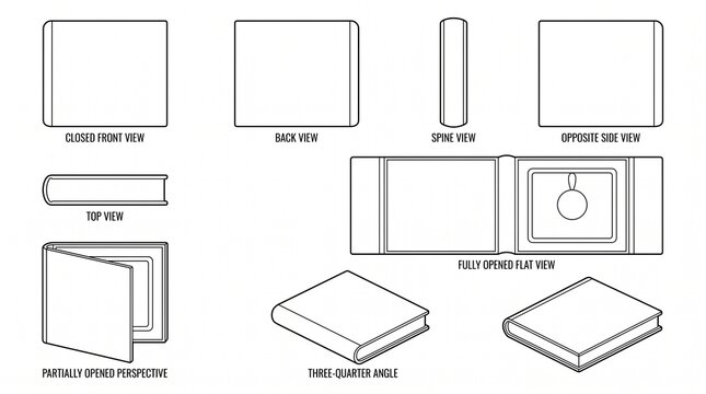 Blank Book Mockup Template Vector Set - Multiple View Angles Outline Line Art Illustrations for Branding Design