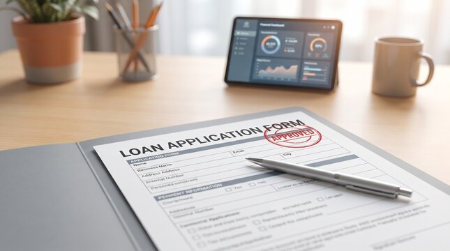 A loan application form with an approved stamp on a wooden desk, indicating successful financial processing.