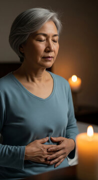 Senior asian woman doing deep diaphragmatic breathing exercise with hands on belly for winter wellness and biohacking relaxation at home