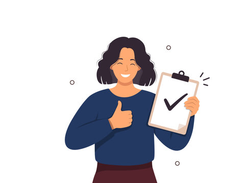 Happy woman holding clipboard with check mark and thumbs up, concept vector illustration for completed task, approval, survey, and project management.
