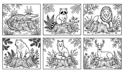 Obraz premium Collection of hand drawn wildlife illustrations featuring animals in individual decorative scenes with forest and natural backgrounds