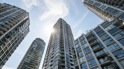 Fototapeta premium Low angle view of modern highrise apartment buildings against a blue sky