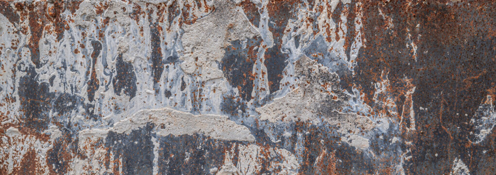 Rustic Rusted Metal Surface with Concrete Splatters Panoramic Texture.