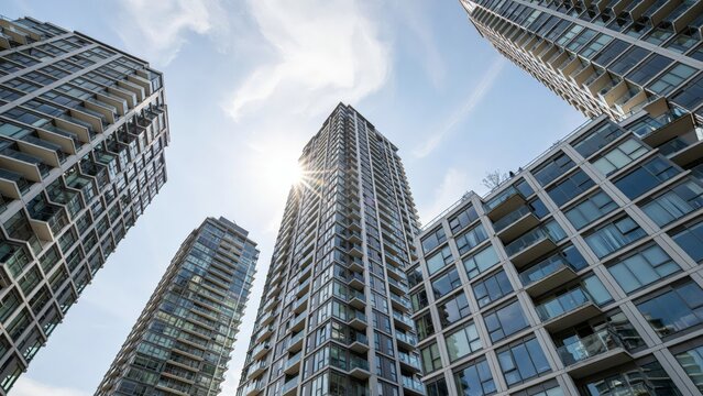 Low angle view of modern highrise apartment buildings against a blue sky