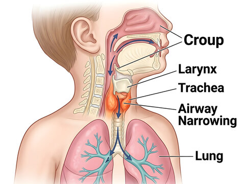 Human respiratory system with croup airway narrowing isolated on white background