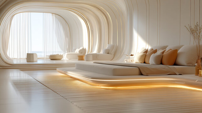 Futuristic bedroom minimal interior soft light warm glow elegant serene design