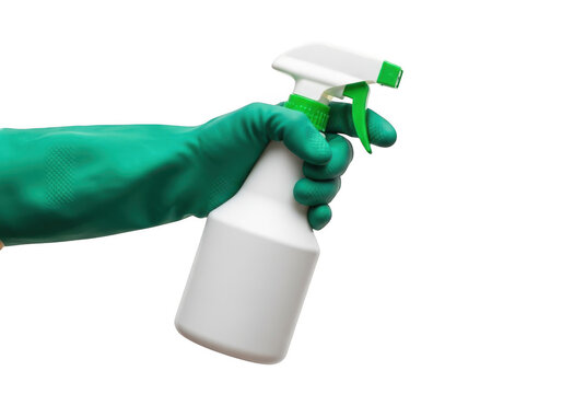 Person wearing green rubber glove holding a plastic spray bottle for cleaning isolated on transparent background