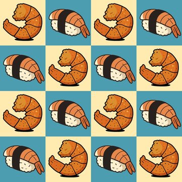 Blue and cream checkered seamless pattern with ebi nigiri sushi and fried shrimp