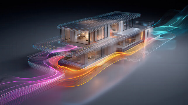 Modern smart home, digital infrastructure, vibrant light trail, futuristic architecture, minimal interior, night scene modern