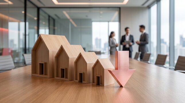 Wooden house models decreasing in size with a red downward arrow on a conference table, symbolizing a decline in the real estate market, with business people in the background.