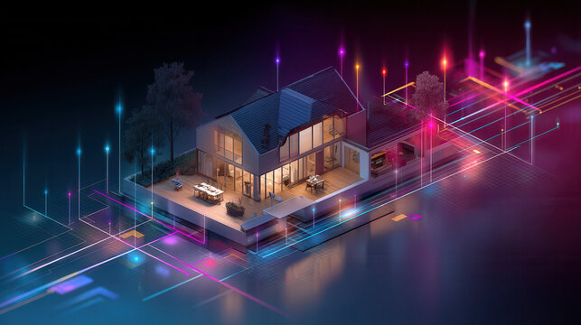 Futuristic smart home digital network neon light modern architecture night urban technology connection