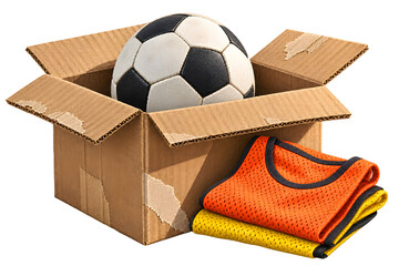 sports football transparent background equipment storage concept with soccer ball cardboard box and training bibs