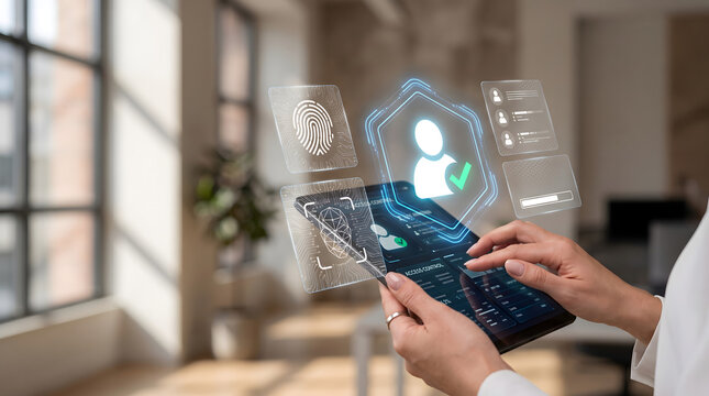 Biometric identity verification interface with user recognition, authentication panels, and secure access technology