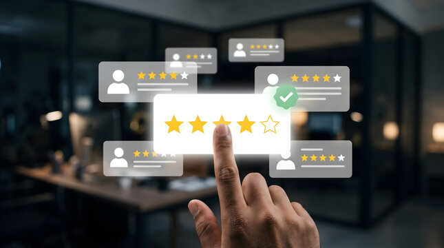 Customer feedback rating interface with floating review cards and digital user evaluation panels