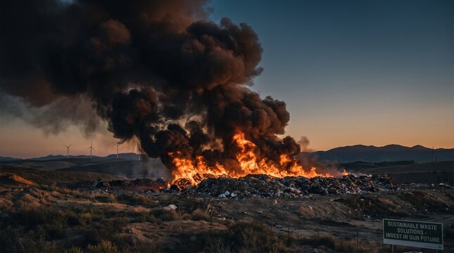 A large, uncontrolled fire burning a pile of waste in a desolate landscape, producing a massive plume of dark smoke against a twilight sky.