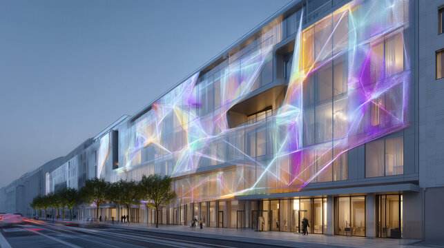 Futuristic architecture modern building glass facade holographic light digital art city street evening sky tree urban design