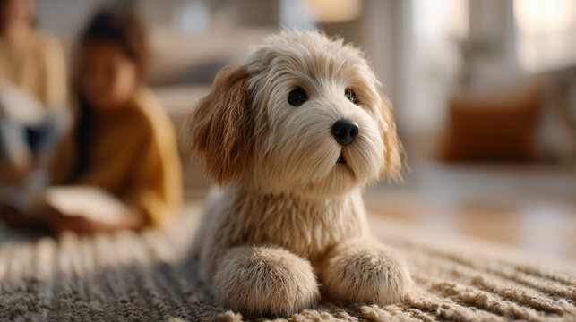 Soft fluffy puppy dog on carpet in cozy living room, warm light, cute expression, family home, relaxed vibe