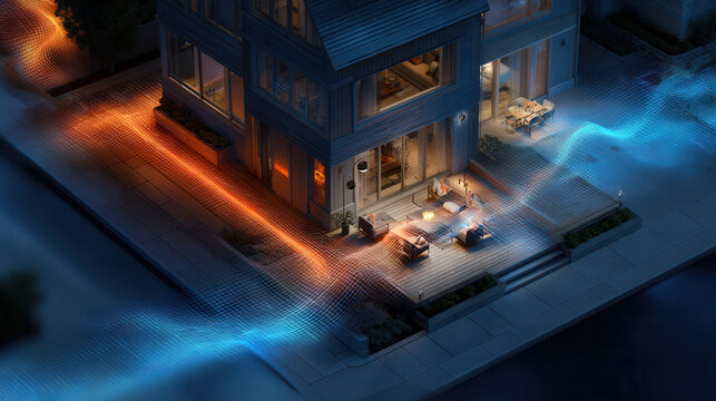Smart home evening modern house glowing light outdoor patio energy flow blue wave orange line smart home evening modern house