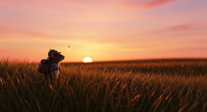 Adventurous mouse with backpack watching the sunset in a grassy field
