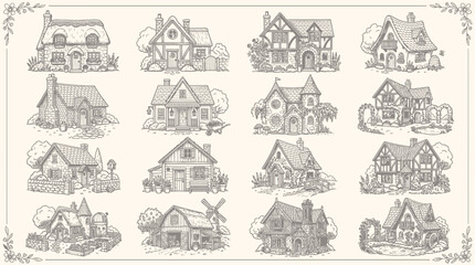 Fototapeta premium Vintage hand-drawn cottage collection. Antique sketch houses, rustic country homes, quaint cabins, old victorian buildings. Sepia engraving style for travel and urban design.