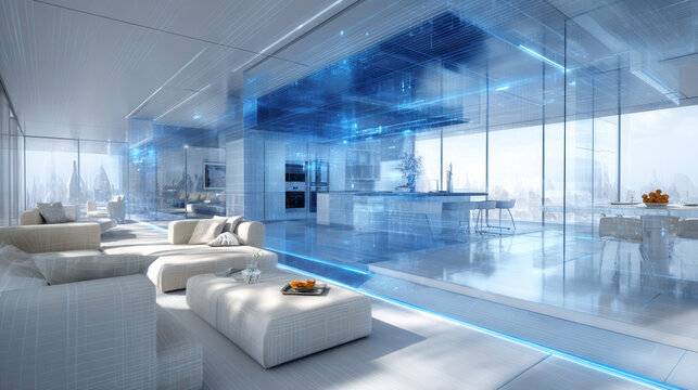 Futuristic living room transparent glass wall smart home interior blue neon light modern kitchen city view minimal design