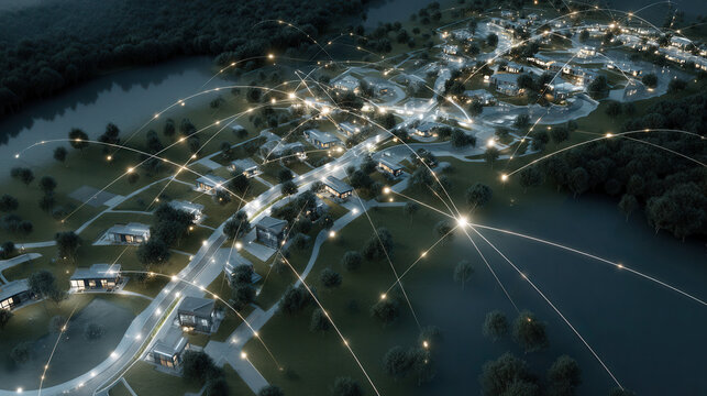 Futuristic smart community aerial view at night with glowing network connection line over houses futuristic