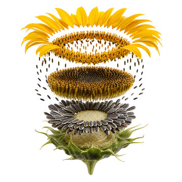 Exploded diagram of a sunflower anatomy showing petals seeds and disk isolated background.