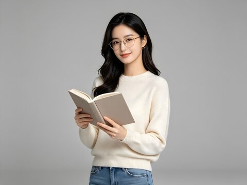 Young woman wearing glasses holding an open book on grey background